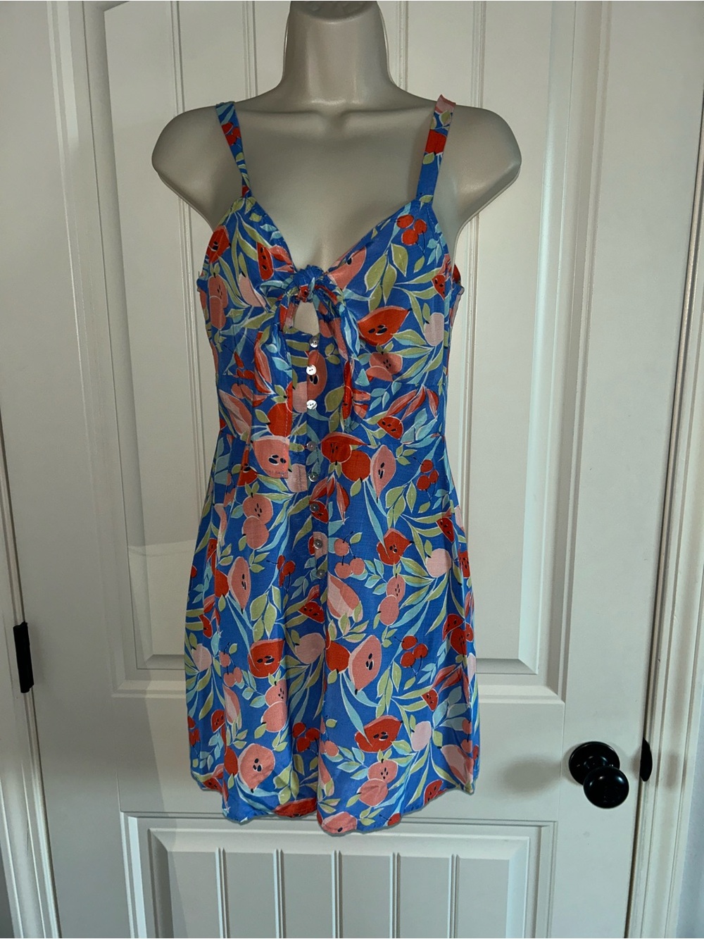 NEW Lush Blue Floral Tie-Front Romper with Pink & Red Flowers Sz S